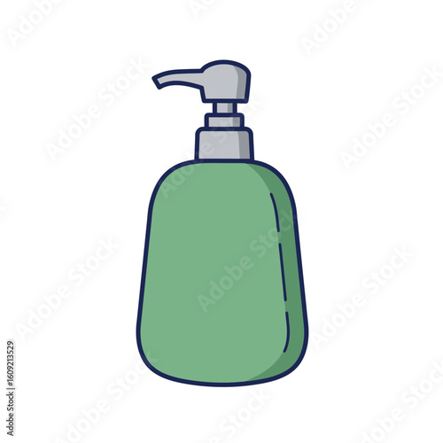 A simple cartoon illustration of a green liquid soap dispenser with a grey pump, featuring a clean, outlined style.