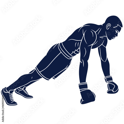 Muscular boxer in push up position demonstrating strength training and athletic conditioning for combat sports
