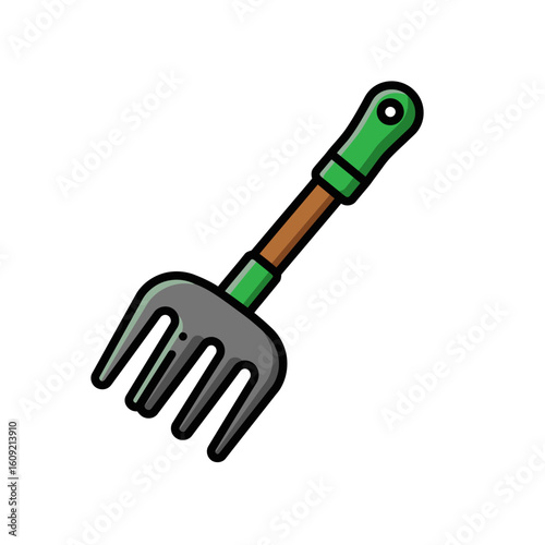 Cartoon Garden Hand Rake with Green Handle and Grey Tines