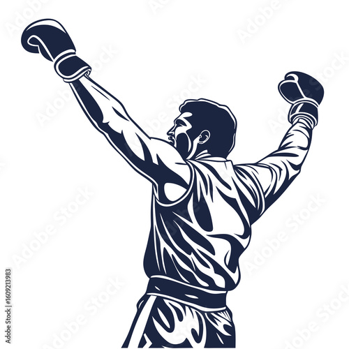 Triumphant boxer with arms raised in victory silhouette celebrating a hard fought win