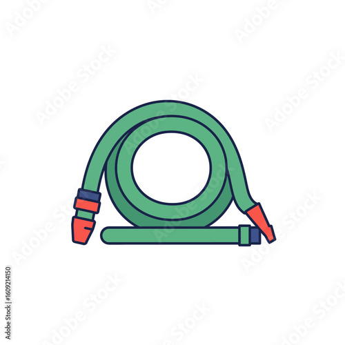 Cartoon-Style Green Garden Hose with Red Nozzle and Blue Accents