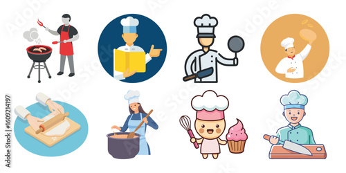 Happy Diverse Chefs Cooking Baking Flat Icon Set:  Restaurant Menu, Food Blog, Culinary School, Recipe Website
