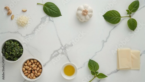 Wallpaper Mural Overhead shot of ingredients including basil, garlic, peanuts, cheese, and oil on a marble surface Torontodigital.ca