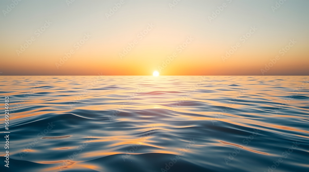 Obraz premium A serene view of a golden sunset over the calm ocean, with sunlight reflecting on the gentle waves.