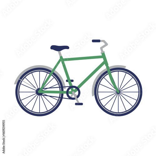 Green Bicycle with Blue Tires and Gray Fenders, Flat Vector Illustration