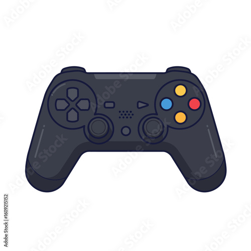 Modern black video game controller illustration with colorful buttons and dual analog sticks.
