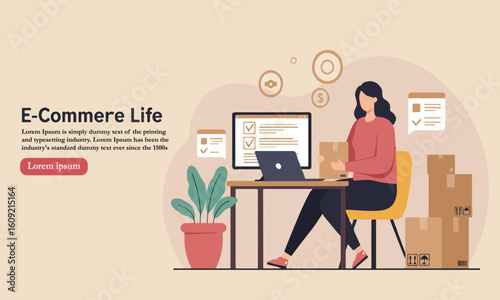Flat illustration of woman in cozy workspace with laptop, suitable for e-commerce and digital entrepreneurship