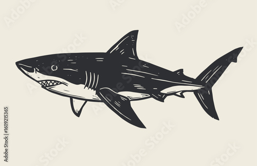 Shark Black and White Vector Illustration, Sketch Drawing Linear Line Art Engraving, Isolated