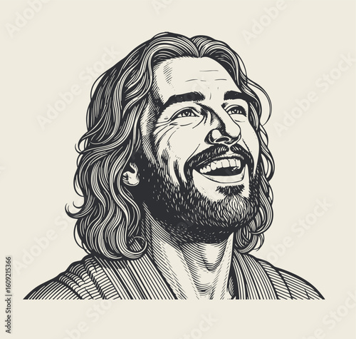 Vintage-style illustration of Jesus Christ a joyful, bearded man with long hair, smiling and looking upward in hope.