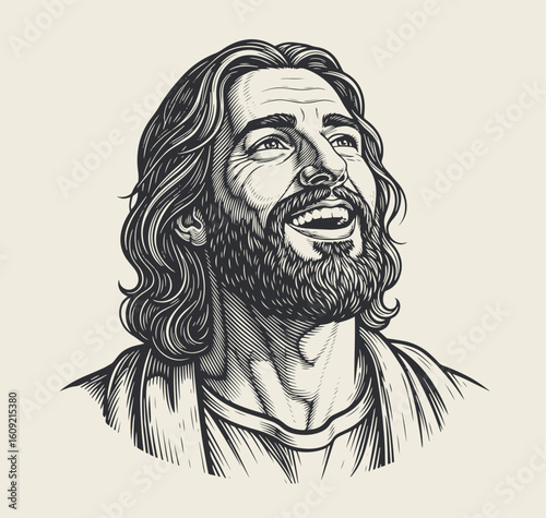 Vintage-style illustration of Jesus Christ a joyful, bearded man with long hair, smiling and looking upward in hope.