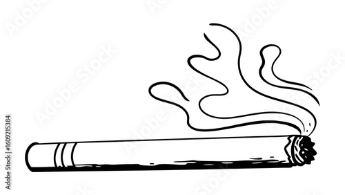 Outline drawing depicting a burning cigarette with abstract smoke, a common addiction symbol.