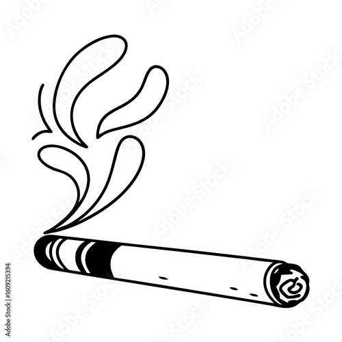 Simple black and white line art illustration of a lit cigarette with swirling smoke.
