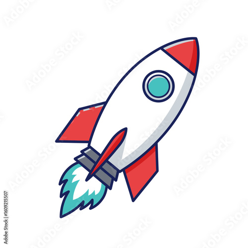Red and white cartoon rocket ship launching with bright teal exhaust flames and a porthole window.