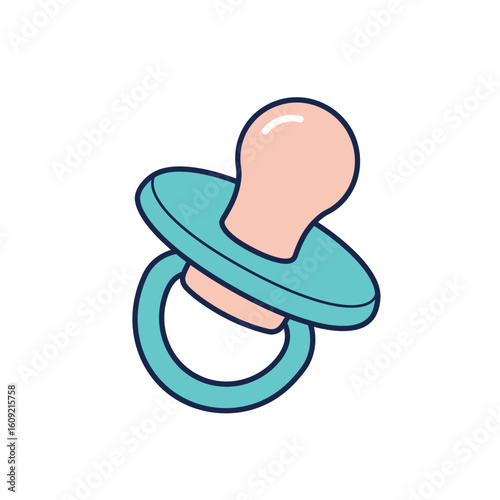 Simple cartoon illustration of a baby pacifier with a teal shield and pink nipple.