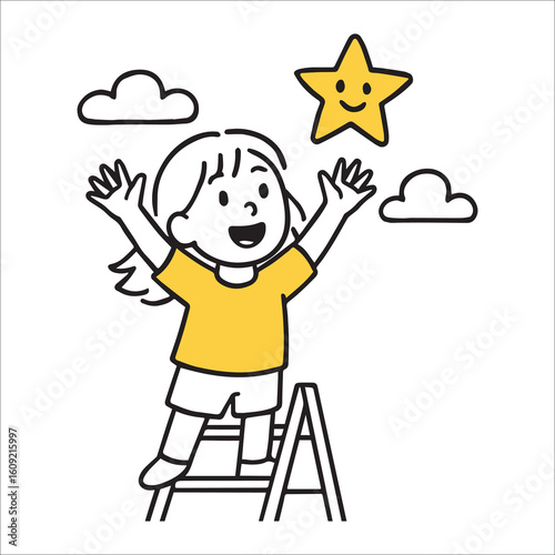 Joyful Girl Climbing Ladder to Grab Yellow Star. Dream Chasing, Goal Achievement, Positive Mindset