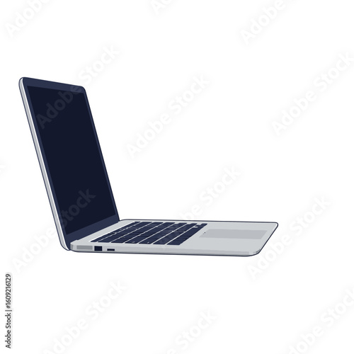 Sleek Silver Laptop with Dark Screen and Keyboard, Open Side View Vector Illustration