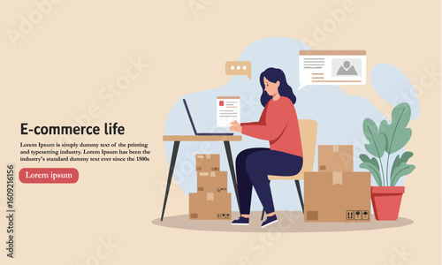 Flat illustration of woman managing online store, suitable for product marketing, digital commerce, and warehouse visuals