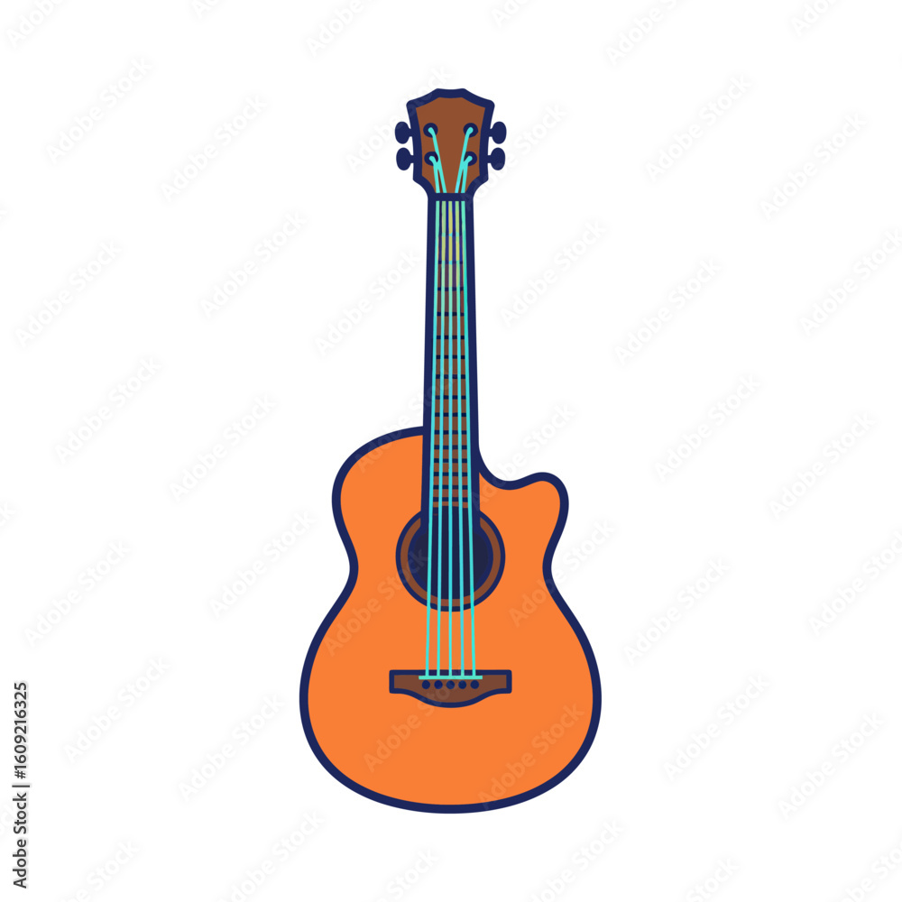 Fototapeta premium Stylized orange acoustic guitar with a cutaway body, blue strings, and dark blue outline.