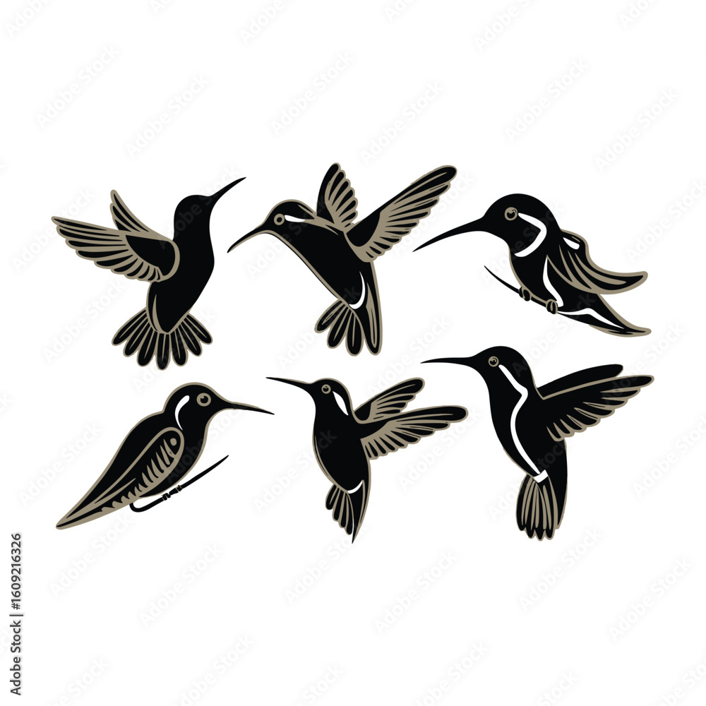 Fototapeta premium Six stylized black hummingbirds with gold accents flying