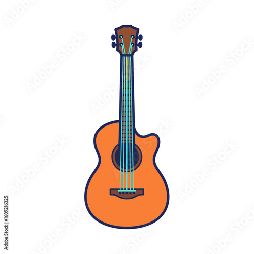 Stylized orange acoustic guitar with a cutaway body, blue strings, and dark blue outline.
