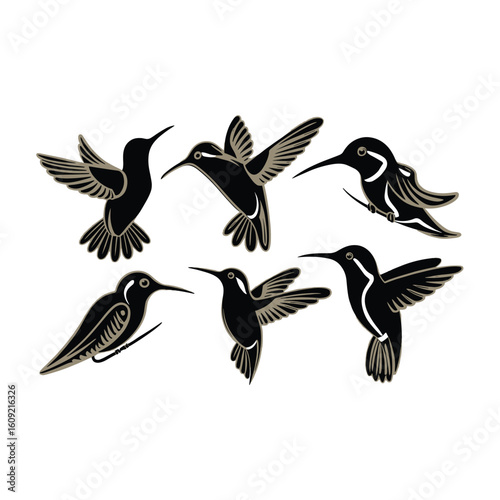 Six stylized black hummingbirds with gold accents flying