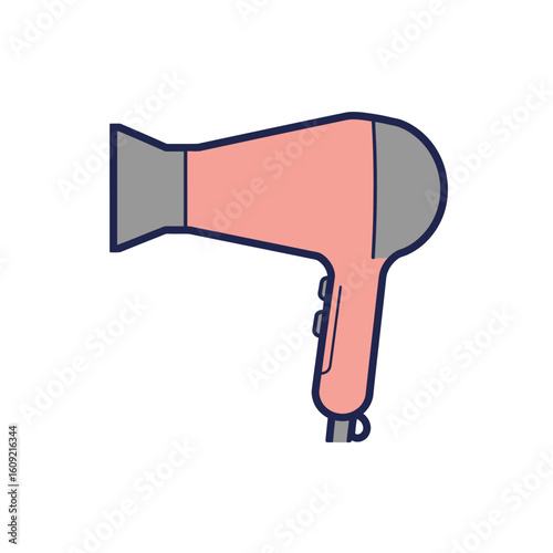 Stylized pink and gray hair dryer illustration with simple lines, flat colors, and two side buttons.