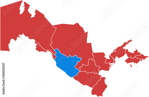 Uzbekistan uzbekistan. Uzbekistan map with regions colored red and one blue region isolated on white background.