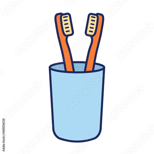 Two orange toothbrushes with white bristles in a light blue holder