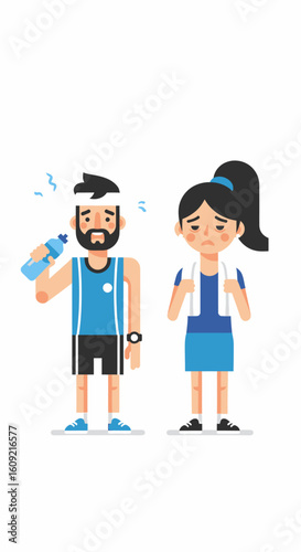 Two tired, sweaty athletes, a man and a woman, holding towels and water bottles after strenuous exercise.