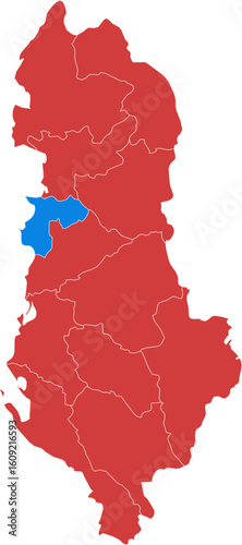 Albania map. Map of albania with one region highlighted in blue isolated on white background.