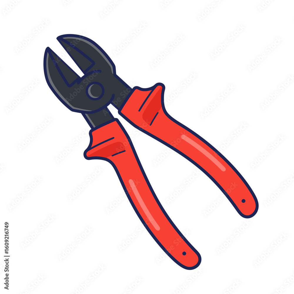 Vibrant red handled black bolt cutters, a sturdy cartoon vector illustration with ergonomic grip. Vibrant red handled black bolt cutters, a sturdy cartoon vector illustration with ergonomic grip.