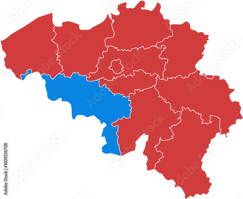 Belgium map. Map of belgium with one region highlighted in blue isolated on white background.