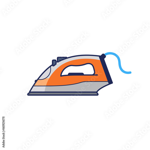 Vibrant orange and grey electric iron illustration with blue power cord