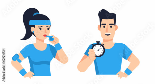 A female coach blows a whistle while a male coach holds a stopwatch, both dressed in blue athletic gear.