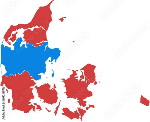 Denmark map. Map of denmark divided into two regions red and blue isolated on white background.