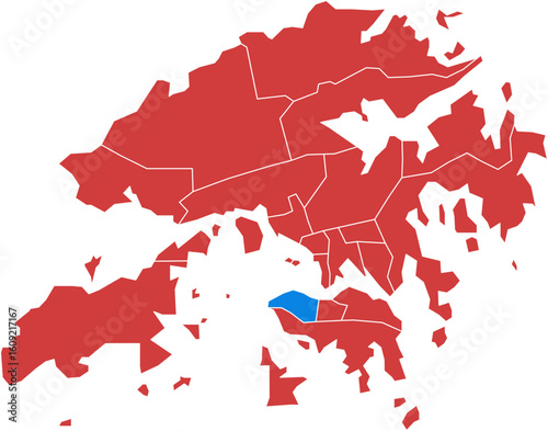 Hong Kong map. Map of hong kong electoral districts with one highlighted blue area isolated on white background.