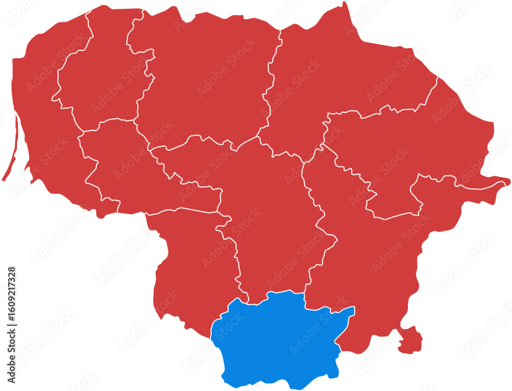 Lithuania lithuania. Lithuania map with one region highlighted in blue isolated on white background. Lithuania lithuania. Lithuania map with one region highlighted in blue isolated on white background.