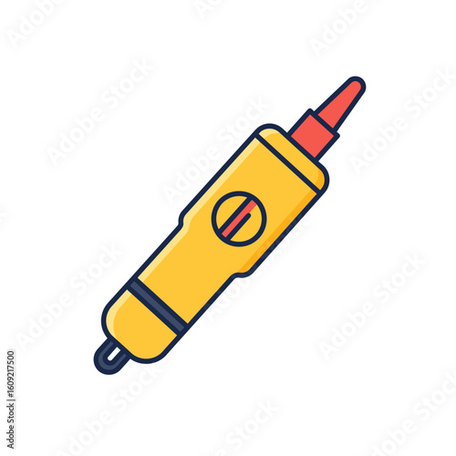 Yellow electrical voltage tester pen icon with a red probe tip and a slotted indicator symbol.