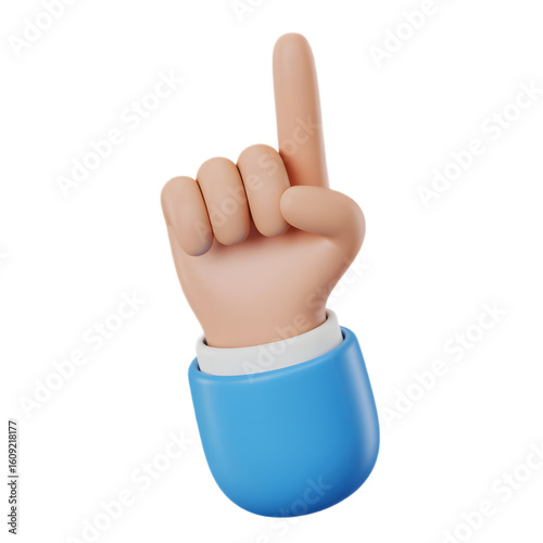 A 3d cartoon hand points upwards isolated on transparent background