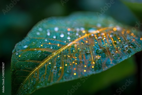 Macro Image of Futuristic Circuit-Inspired Leaf with Dew Drops – Nature Meets Technology