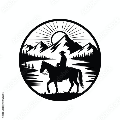 Cowboy riding horse in mountain landscape silhouette