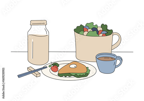 Vegan school lunch, featuring a sandwich, salad, milk alternative, and coffee, presented on a table