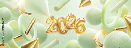 Happy New 2026 Year. Holiday vector illustration of golden numbers 2026, abstract green and golden geometric 3d shapes. Festive poster or banner design. New year or Christmas party invitation template