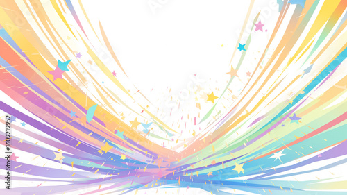 抽象的デザイン、放射状ライン、カラフル背景、ポップアート風、ビジネス素材、コピースペースあり、グラフィックアート、イメージボード、デジタルアート、アニメ風の幾何学模様