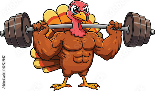 Cartoon Muscular Turkey Weightlifting Heavy Barbell – Funny Fitness Animal Mascot for Thanksgiving Gym Posters, Active Lifestyle, and Holiday Designs