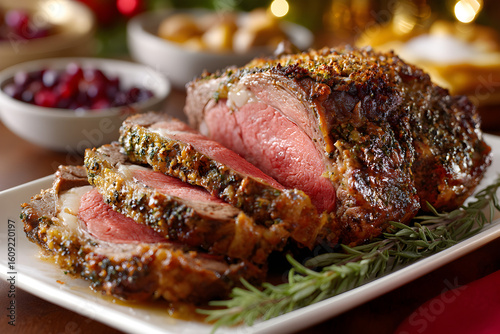 Home made herb crusted prime rib roast carved and ready to serve