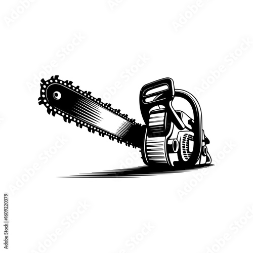 Illustration of chainsaw isolated on white background. Design element for emblem, sign, badge. Vector illustration