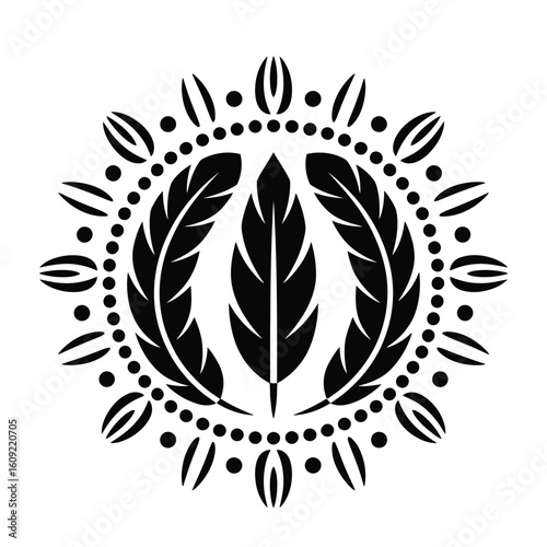 Black feather mandala emblem with decorative border