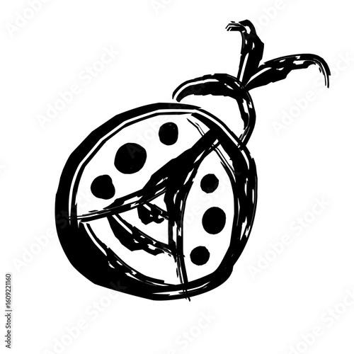 Abstract Fruit with Leafy Sprig Illustration in Ink on white