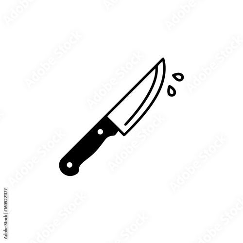 Black kitchen knife with water droplets, transparent background  